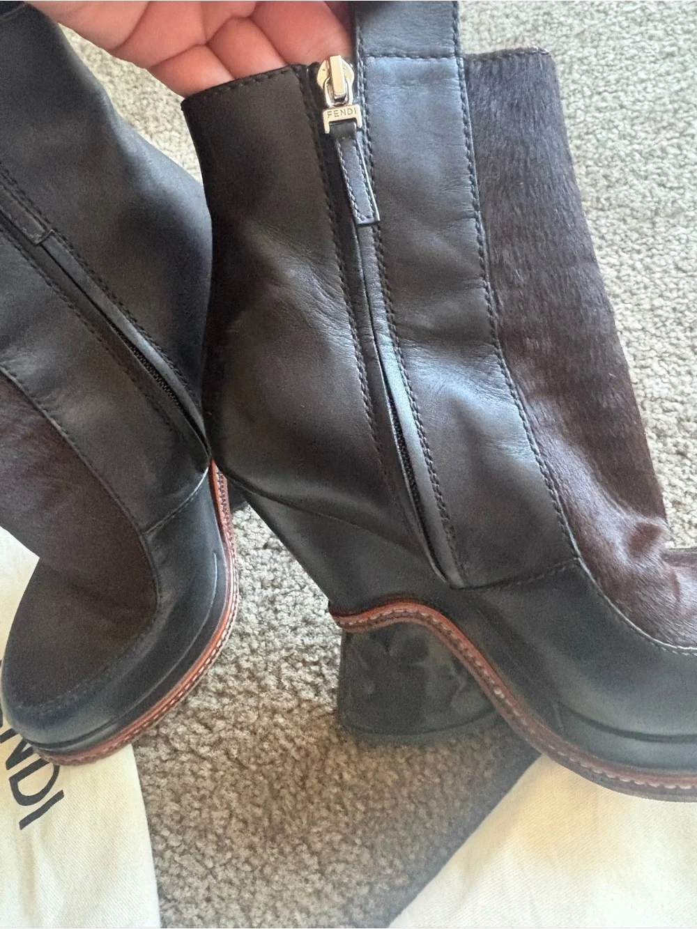 Fendi Black Leather & Dark Brown Suede Sculpted Wedge Ankle Boots